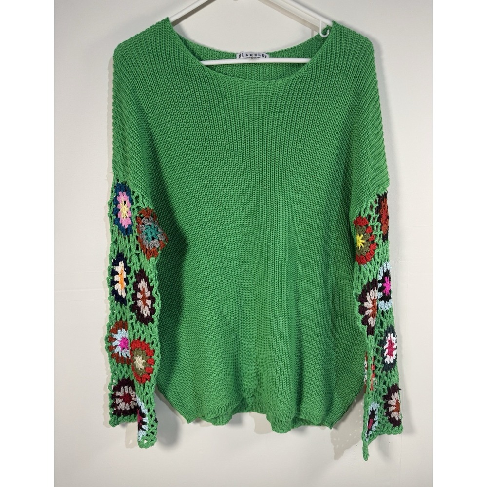 Blakeley Kelly Green Knit Crochet Sleeve Sweater Small Medium Women's Boho - Picture 1 of 6